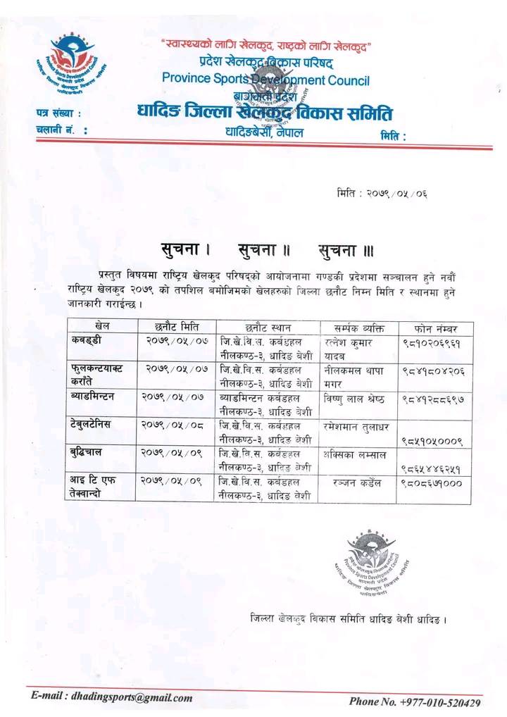 नवौँ राष्ट्रिय खेलकुदका लागि धादिङमा आजदेखि खेलाडी छनोट